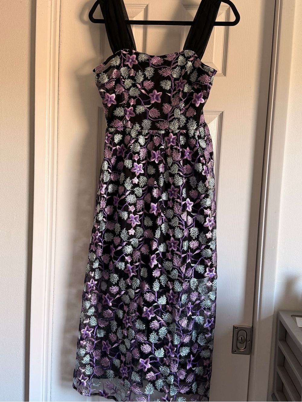 Floral Embroidered Mesh Overlay Dress Black Purple Wedding Guest Midi Maxi Size